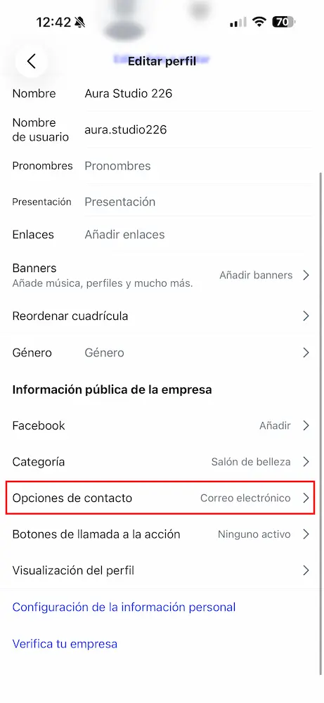 Menú de opciones de contacto en el perfil de Instagram