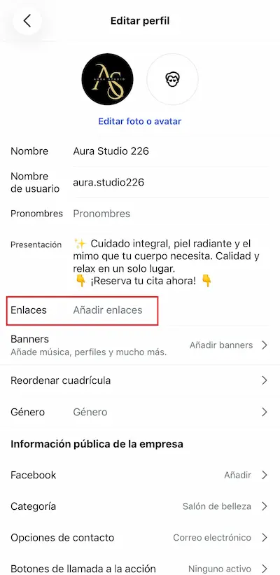 Editar perfil de Instagram para añadir el enlace de reservas