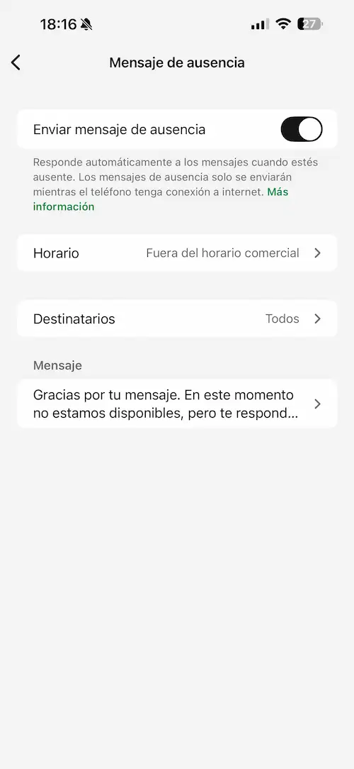 Configuración del mensaje de ausencia automático en WhatsApp Business