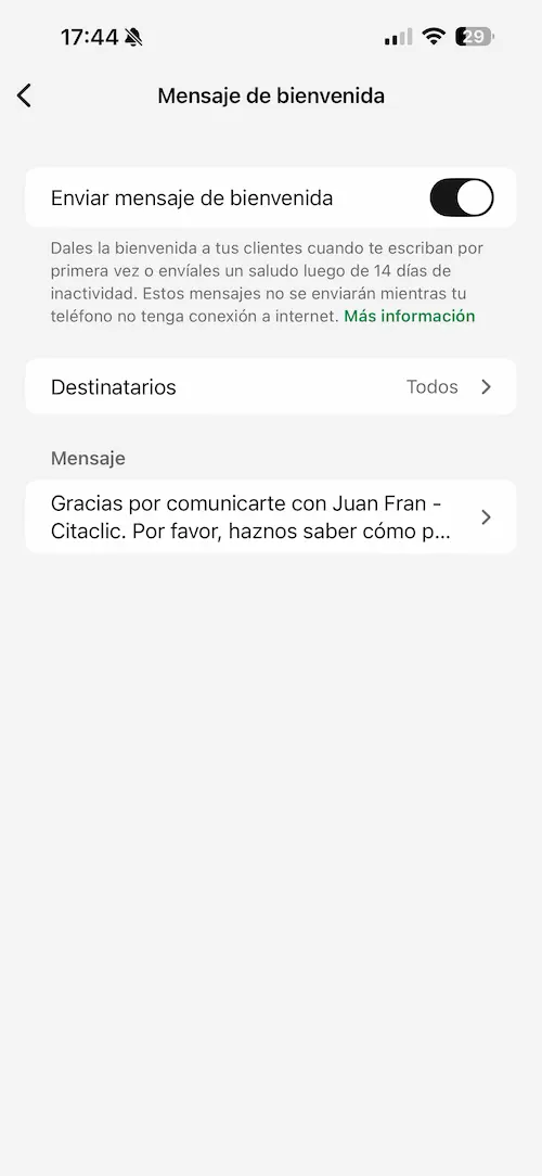 Configuración del mensaje de bienvenida automático en WhatsApp Business