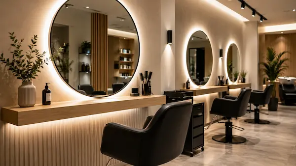 Decoración peluquería moderna con iluminación LED y espejos grandes