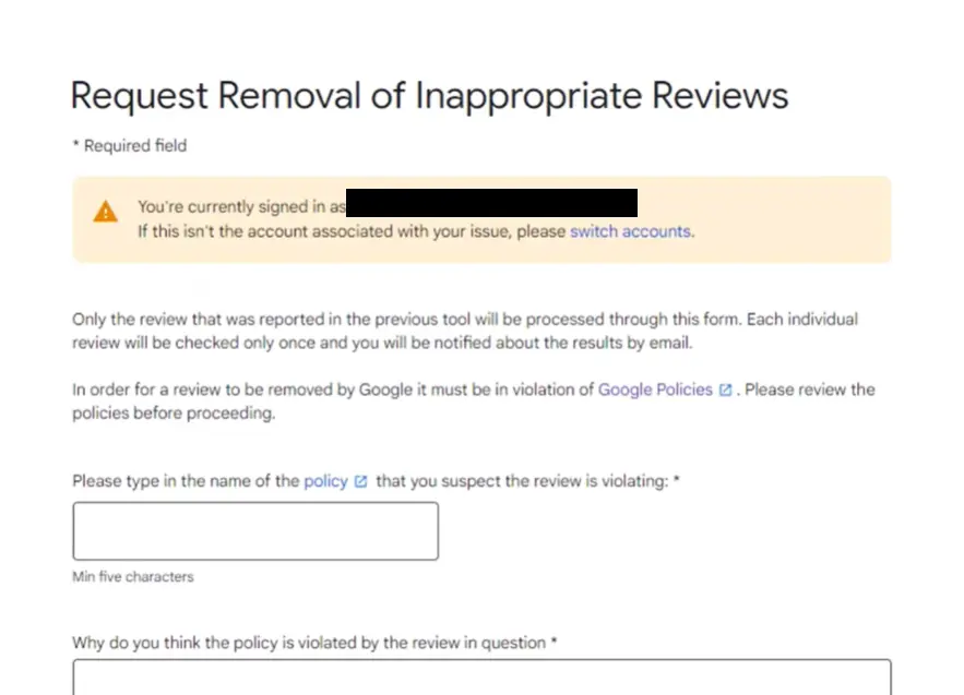 Formulario para apelar la denuncia de una reseña en Google Business