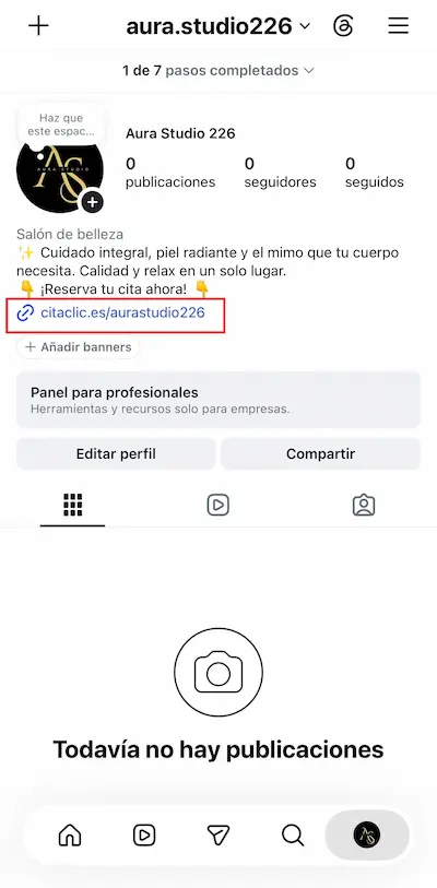 Enlace de reservas ya visible en la biografía de Instagram