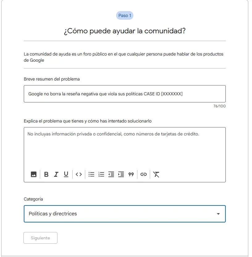 Rellenar formulario para publicar en el foro de Google
