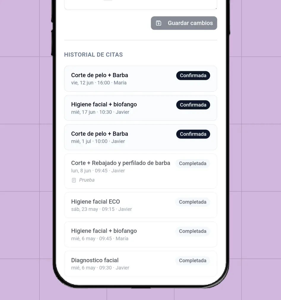 Ficha de clientes con historial de servicios CitaClic