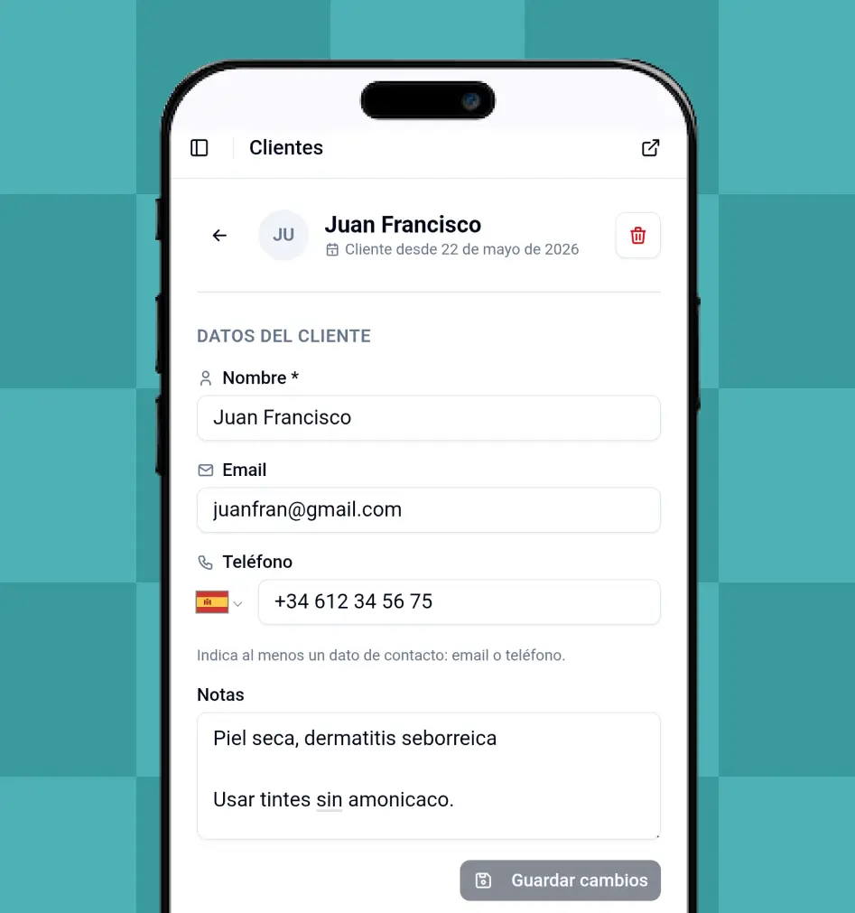 Ficha de clientes con datos online CitaClic